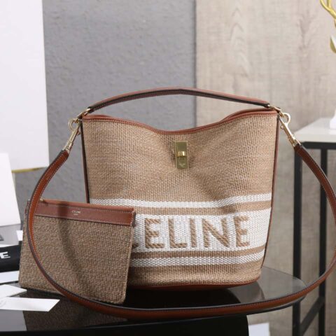 【特级品质 全钢五金】】CELIN-E 23s早春|BUCKET 16大号提花条纹织物牛皮革水桶包编号:195573