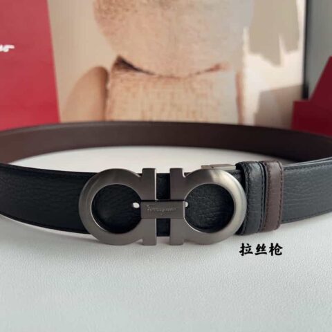 Ferragamo菲拉格慕 8字金属夹扣头层牛皮纹理腰带3.5cm