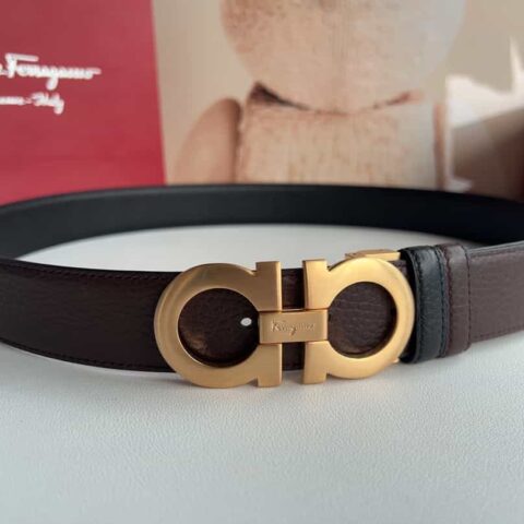 Ferragamo菲拉格慕 8字金属夹扣头层牛皮纹理腰带3.5cm