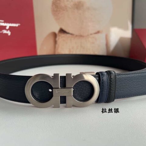 Ferragamo菲拉格慕 8字金属夹扣头层牛皮纹理腰带3.5cm
