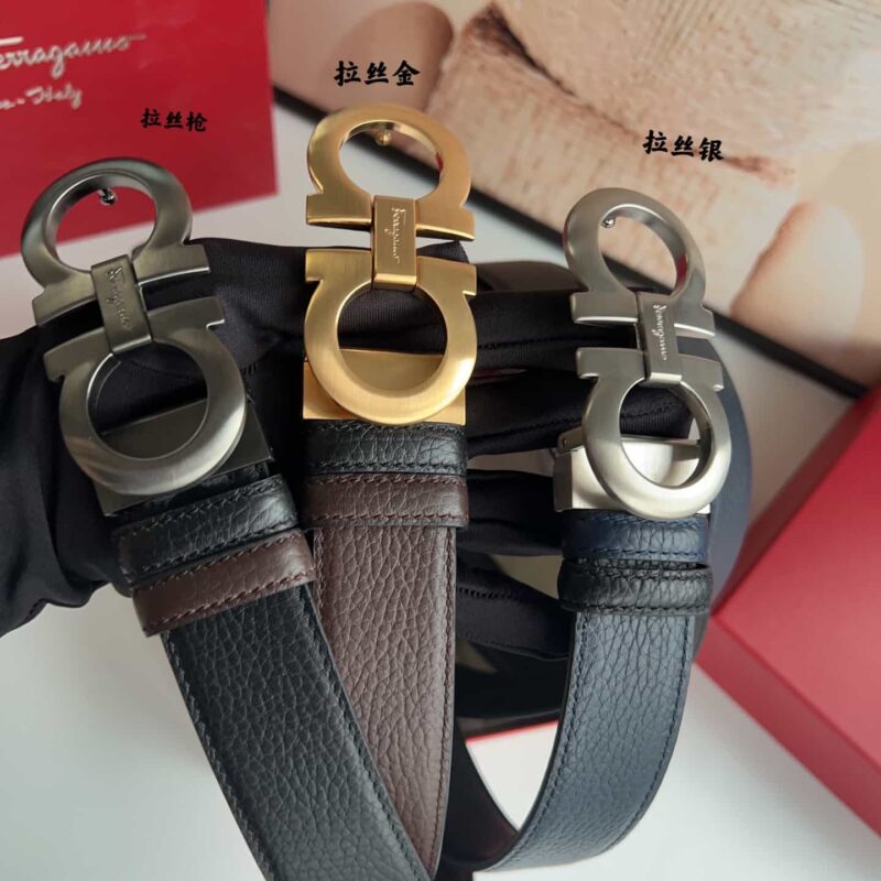 Ferragamo菲拉格慕 8字金属夹扣头层牛皮纹理腰带3.5cm