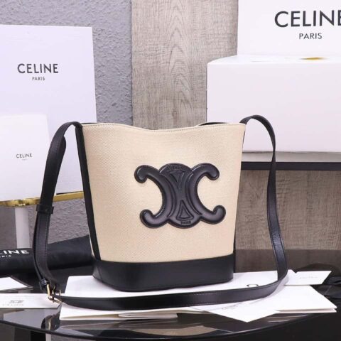 【特级品质 全钢五金】 23s新品|CELINE CUIR TRIOMPHE小号条纹织物牛皮水桶包 23s新织物系列 编号:198243DU3.04LU