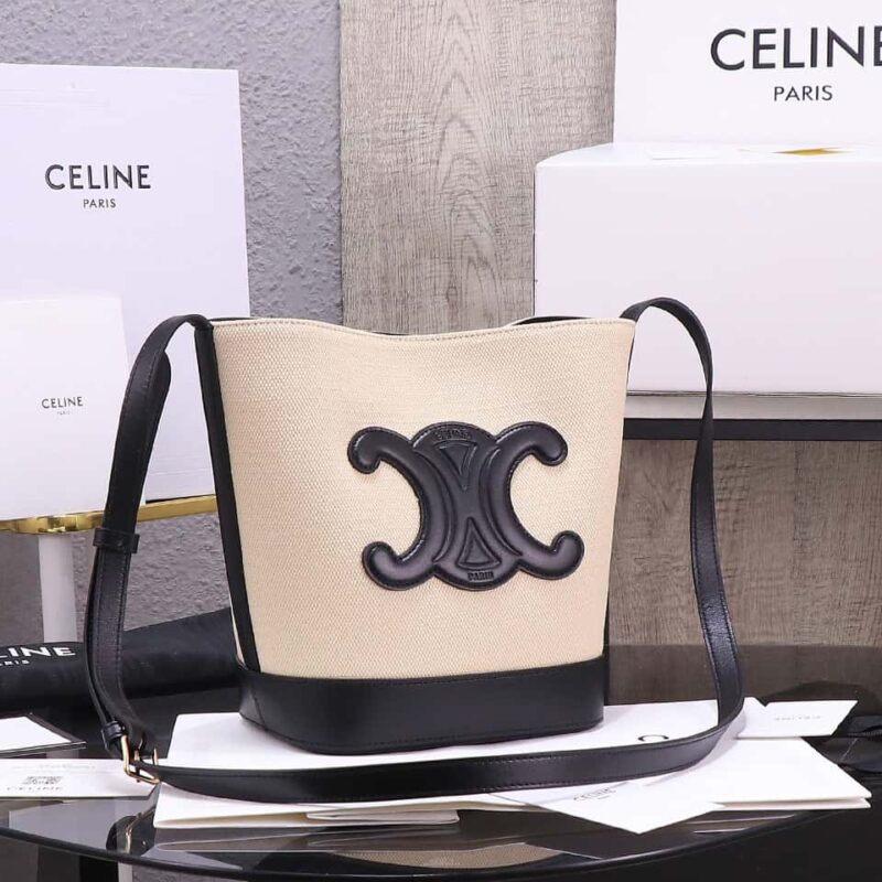 【特级品质 全钢五金】 23s新品|CELINE CUIR TRIOMPHE小号条纹织物牛皮水桶包 23s新织物系列 编号:198243DU3.04LU