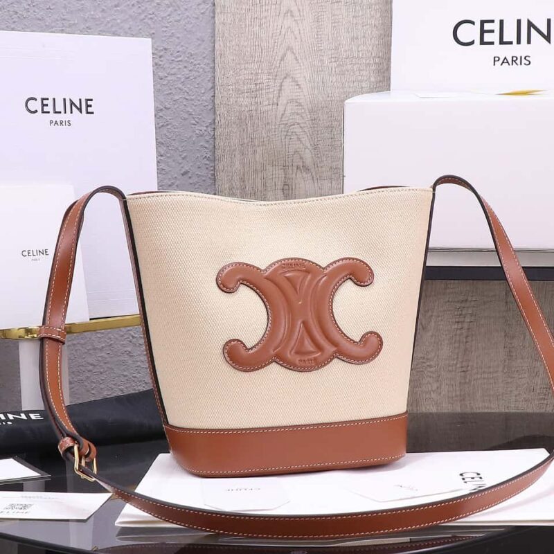 【特级品质 全钢五金】 23s新品|CELINE CUIR TRIOMPHE小号条纹织物牛皮水桶包 23s新织物系列 编号:198243DU3.04LU