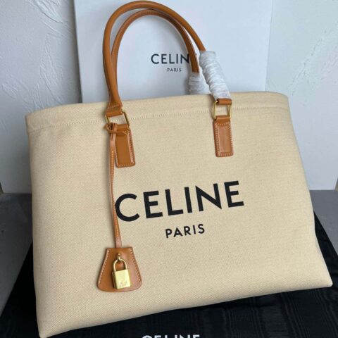 CELINE Tote白色织布小牛皮沙滩购物包 型号;190062