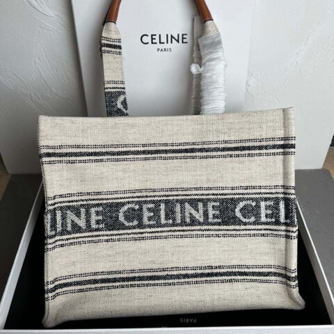 独家CELINE 23s|夏季新品织物牛皮革tote Cacbs 23s最新系列|CABAS THAIS大号CELINE提花条纹织物手袋型号:196762