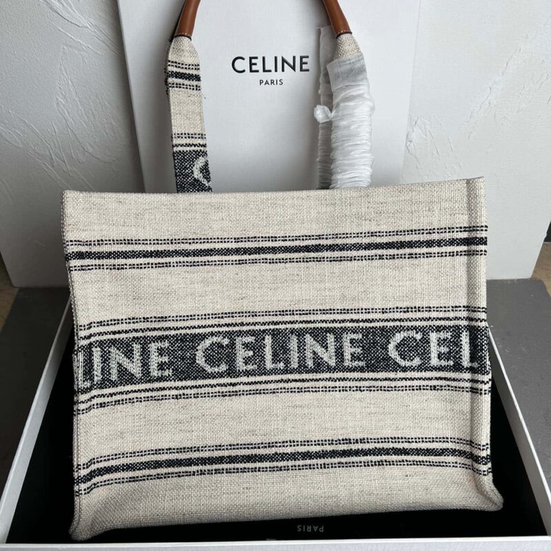 独家CELINE 23s|夏季新品织物牛皮革tote Cacbs 23s最新系列|CABAS THAIS大号CELINE提花条纹织物手袋型号:196762