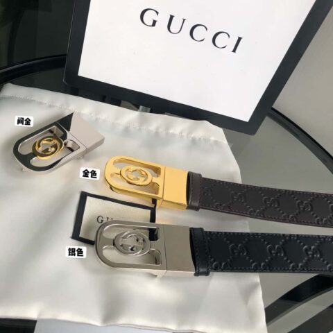 Gucci古驰互扣式G搭扣头层牛皮压花腰带 3.5cm