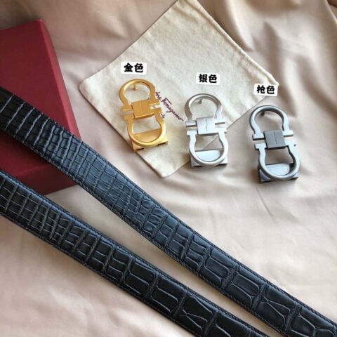 Ferragamo菲拉格慕 双圈金属夹扣鳄鱼纹理腰带