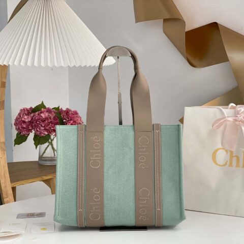 Chloe Woody亚麻配皮托特包 牛油果绿配灰中号37CM