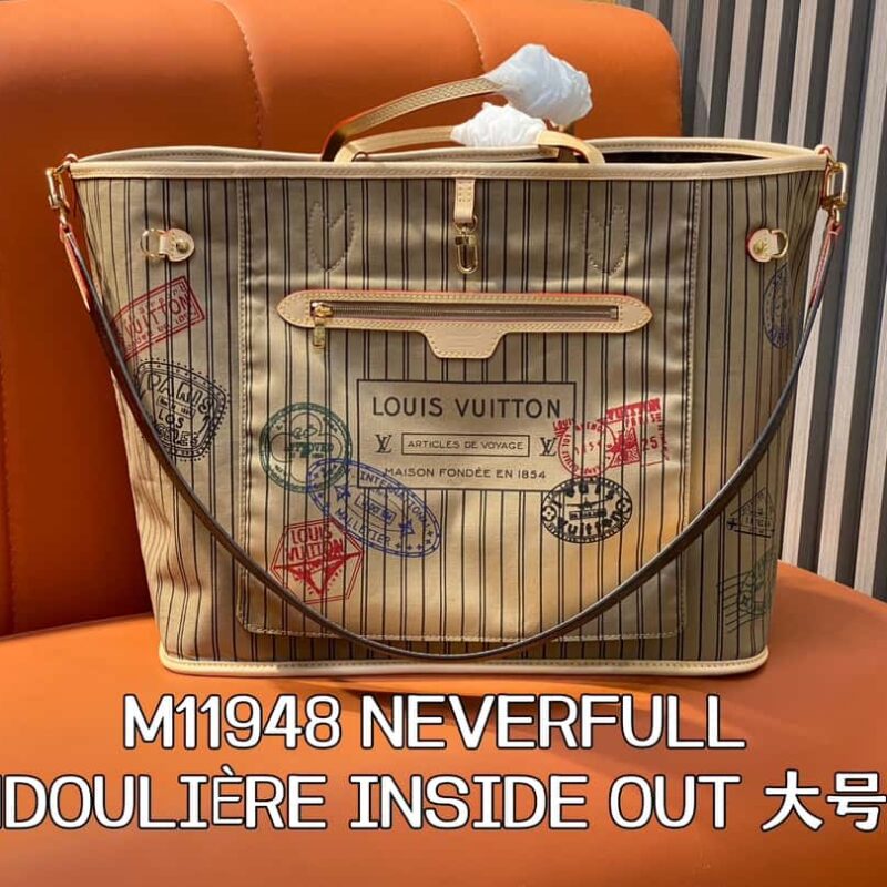 【原单精品】M11948老花杏色(印章双面) 大号购物袋系列 NEVERFULL BANDOULIÈRE INSIDE OUT 大号手袋