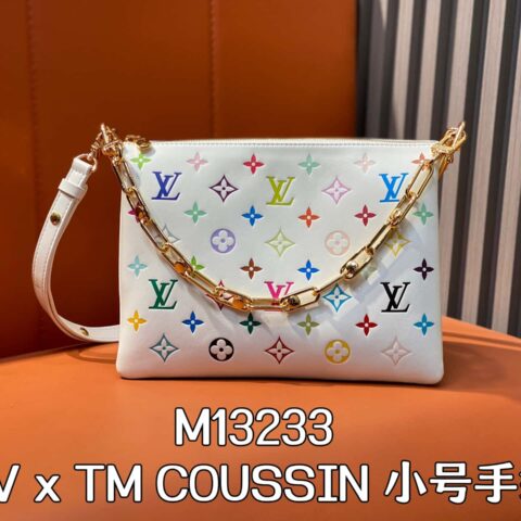 【原单精品】M13233白彩 全皮链条包 LV x TM COUSSIN 小号手袋 白色/三彩(村上隆