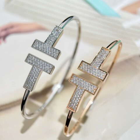 ❗️CNC版本❗️ ☀️Tiffany&co 蒂芙尼 经典款宽版T字系列 满钻银色玫瑰金双T手镯 ☀️