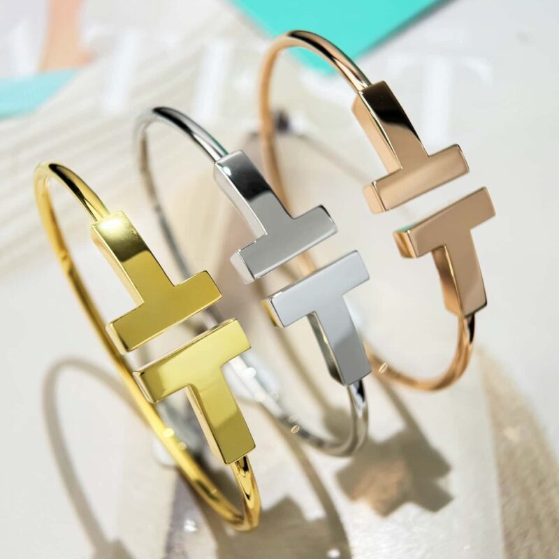 ❗️CNC版本❗️ ☀️Tiffany&co 蒂芙尼 经典款宽版T字系列 光面金色银色玫瑰金双T手镯