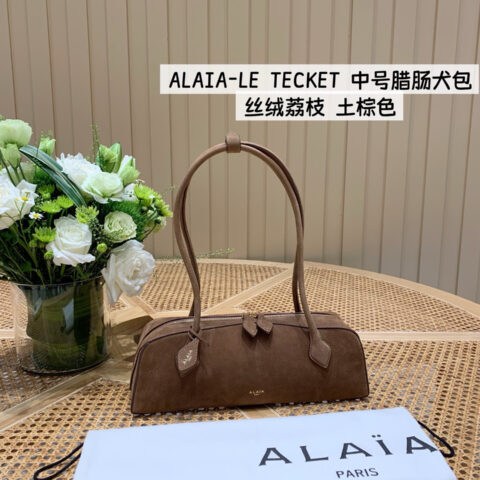 ALAIA-LE TECKET 腊肠犬包 06033中号 丝绒荔枝 土棕色