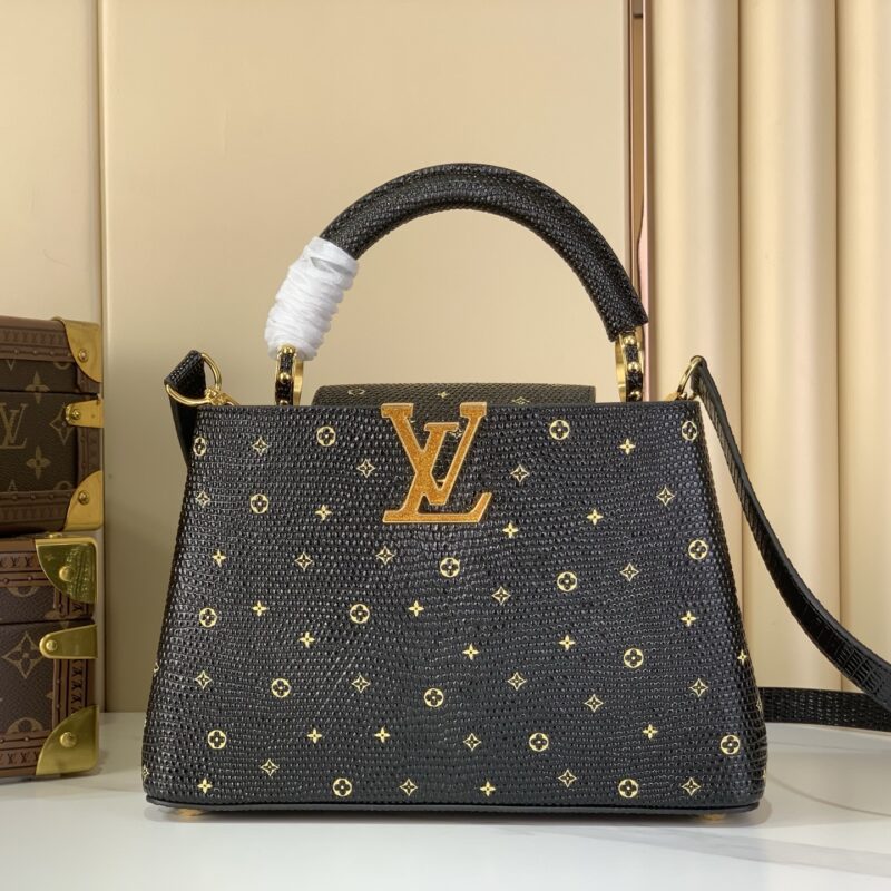 【原单精品】N48865黑色/钻logo 蜥蜴纹全皮cap那英款 Capucines BB手袋