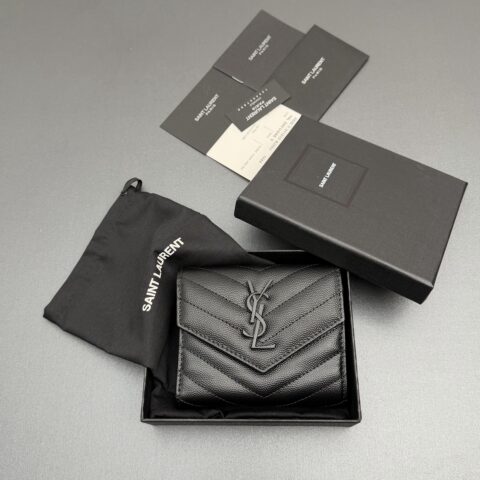 YSL MATELASSE短款粒面壓印皮革三折短包 编号:403943  黑色球纹/黑扣
