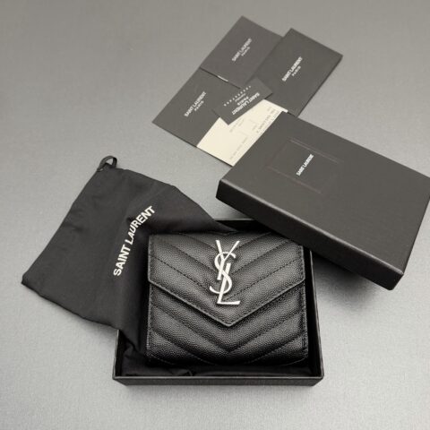 YSL MATELASSE短款粒面壓印皮革三折短包 编号:403943 黑色球纹/银扣