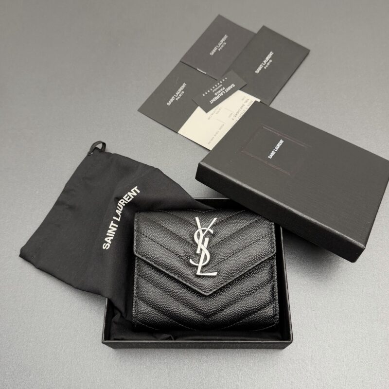 YSL MATELASSE短款粒面壓印皮革三折短包 编号:403943 黑色球纹/银扣