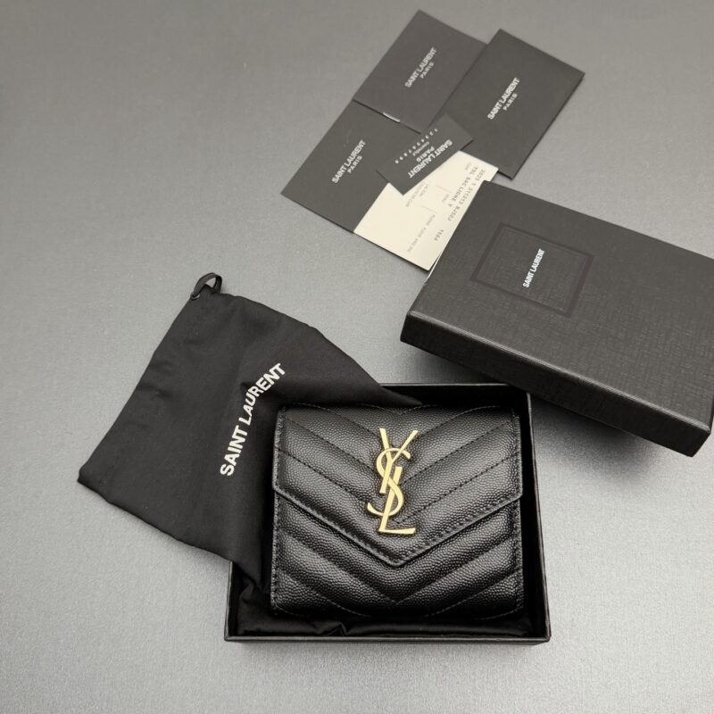 YSL MATELASSE短款粒面壓印皮革三折短包 编号:403943 黑色球纹/金扣