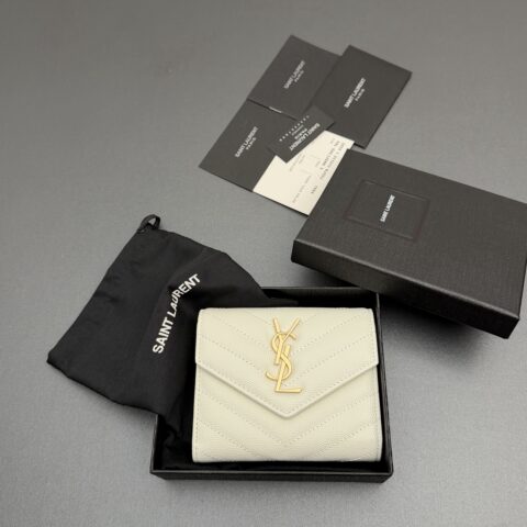 YSL MATELASSE短款粒面壓印皮革三折短包 编号:403943  白色球纹/金扣
