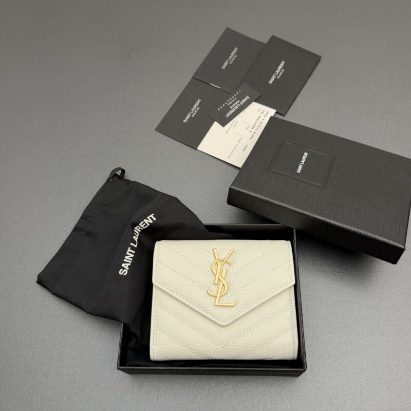 YSL MATELASSE短款粒面壓印皮革三折短包 编号:403943  白色球纹/金扣