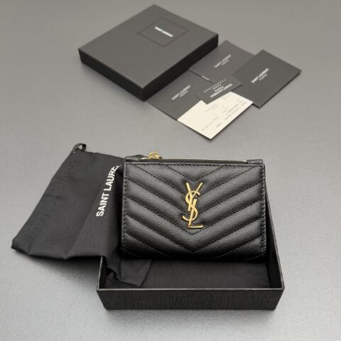 YSL MATELASSE粒面压印皮革拉链双折钱包 编号:575974 黑色球纹/金扣
