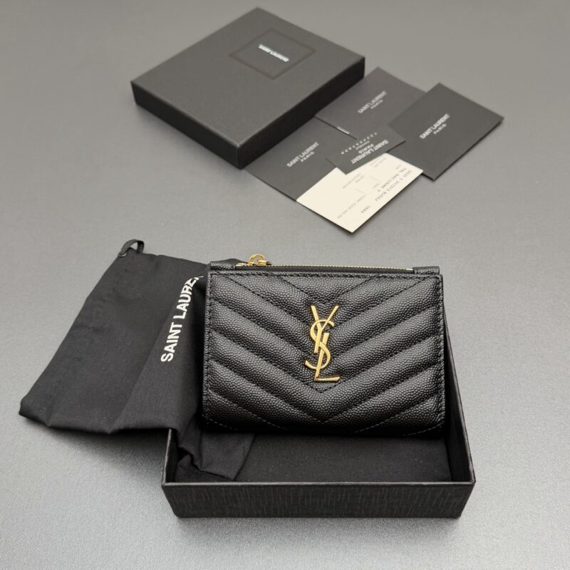 YSL MATELASSE粒面压印皮革拉链双折钱包 编号:575974 黑色球纹/金扣