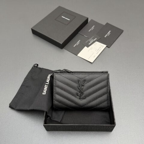 YSL MATELASSE粒面压印皮革拉链双折钱包 编号:575974 黑色球纹/黑扣