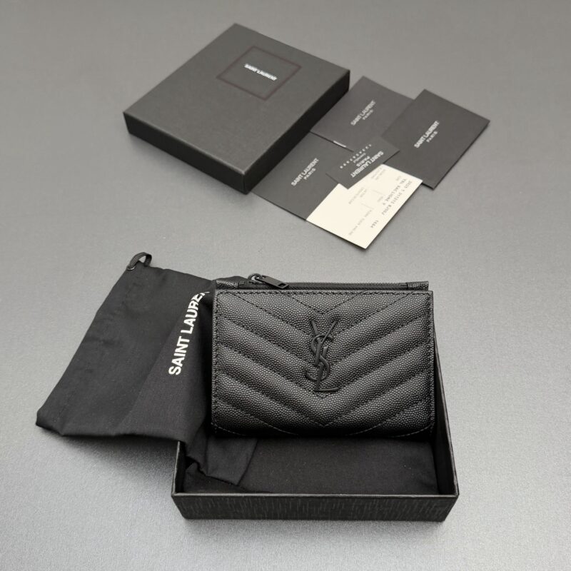 YSL MATELASSE粒面压印皮革拉链双折钱包 编号:575974 黑色球纹/黑扣