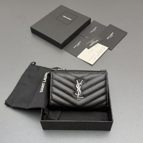YSL MATELASSE粒面压印皮革拉链双折钱包 编号:575974 黑色球纹/银扣