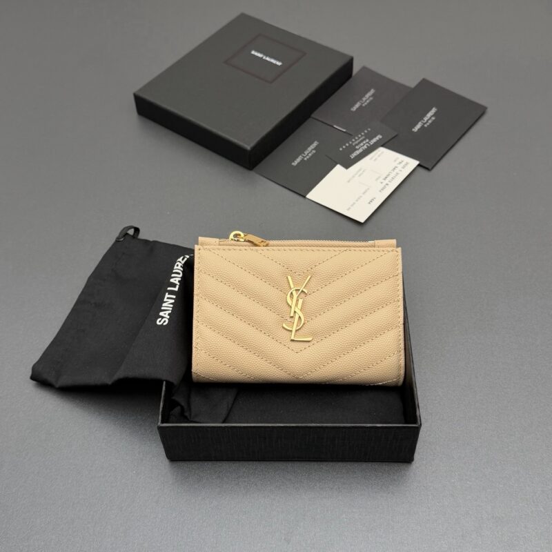 YSL   MATELASSE粒面压印皮革拉链双折钱包 编号:575974 杏色球纹/金扣