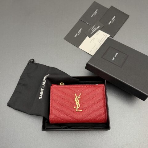 YSL MATELASSE粒面压印皮革拉链双折钱包 编号:575974 红色球纹/金扣