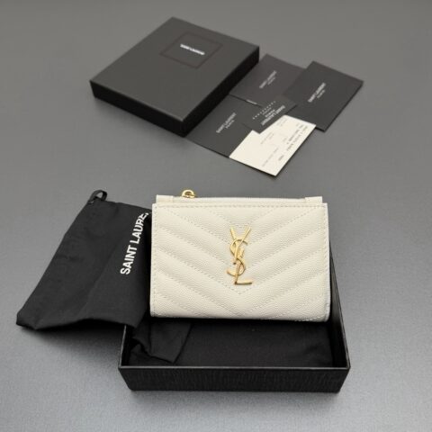 YSL MATELASSE粒面压印皮革拉链双折钱包 编号:575974 白色球纹/金扣