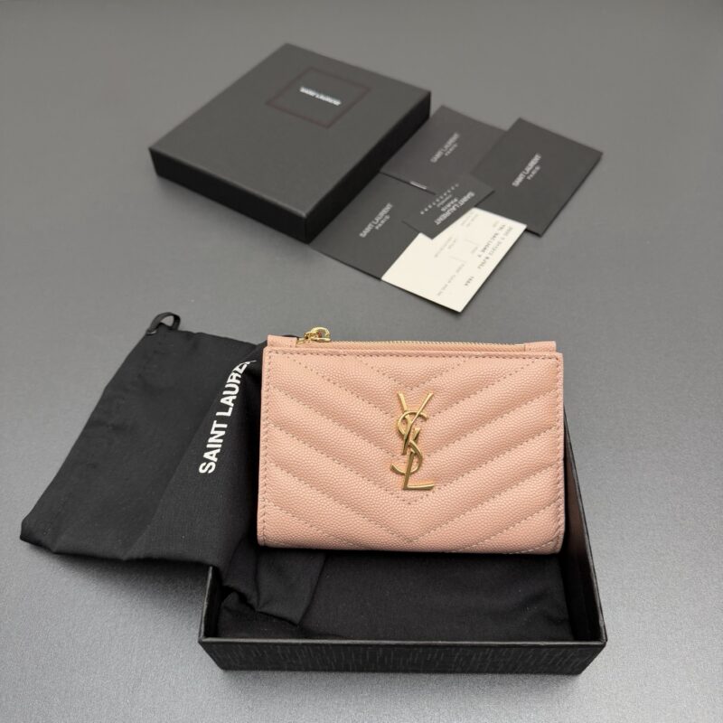 YSL MATELASSE粒面压印皮革拉链双折钱包 编号:575974 粉色球纹/金扣