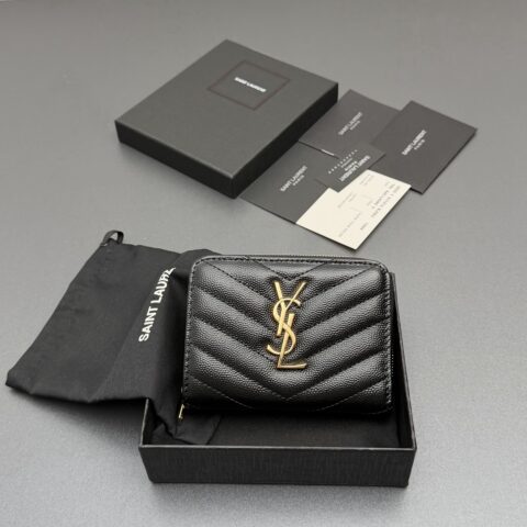 YSL MATELASSE小号粒纹压花皮革拉链钱包 编号:403723  黑色球纹/金扣