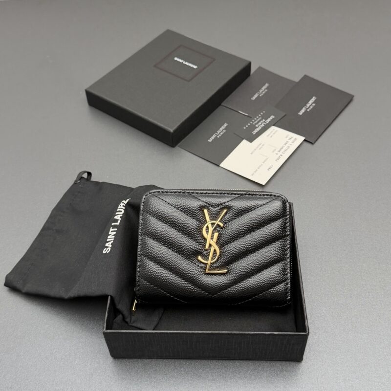 YSL MATELASSE小号粒纹压花皮革拉链钱包 编号:403723  黑色球纹/金扣