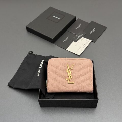 YSL   MATELASSE小号粒纹压花皮革拉链钱包 编号:403723  粉色球纹/金扣