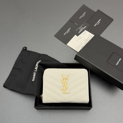 YSL MATELASSE小号粒纹压花皮革拉链钱包 编号:403723  白色球纹/金扣