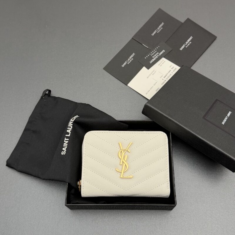 YSL MATELASSE小号粒纹压花皮革拉链钱包 编号:403723  白色球纹/金扣
