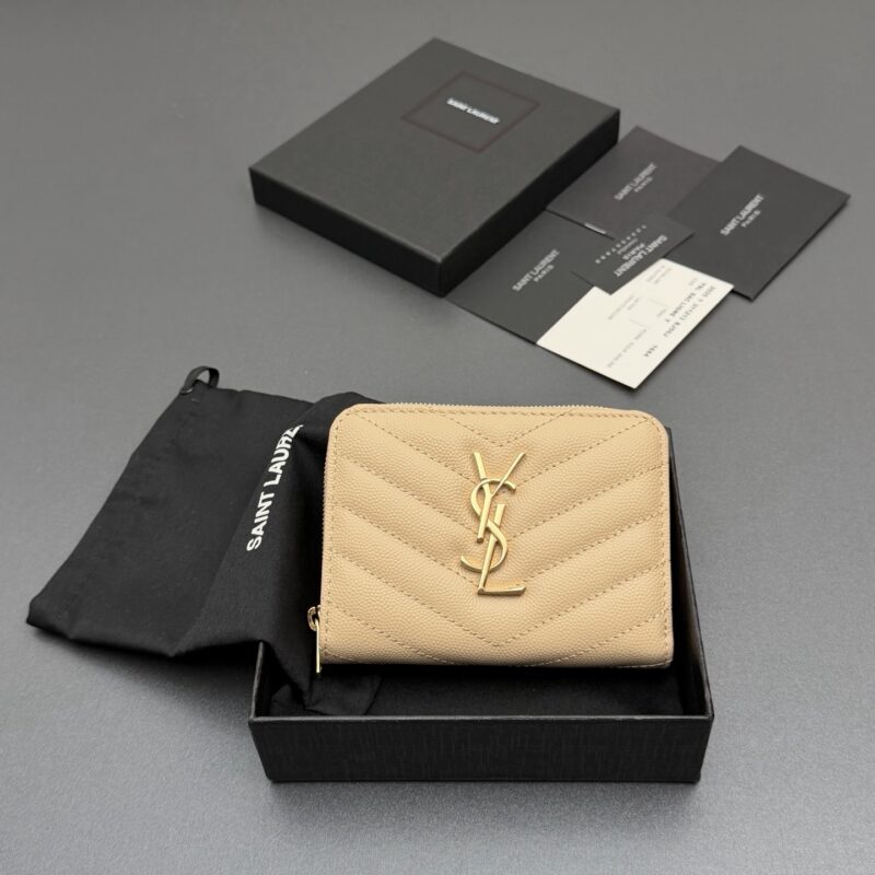 YSL MATELASSE小号粒纹压花皮革拉链钱包 编号:403723 杏色球纹/金扣