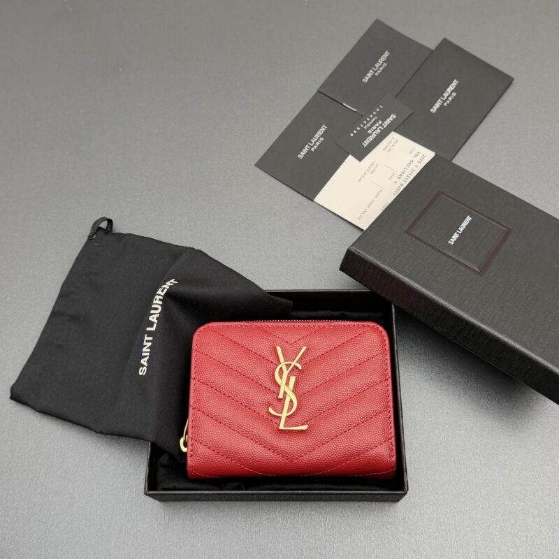 YSL  MATELASSE小号粒纹压花皮革拉链钱包 编号:403723  红色球纹/金扣