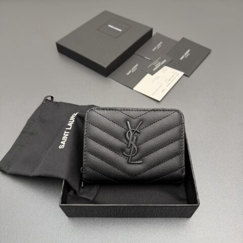 YSL MATELASSE小号粒纹压花皮革拉链钱包 编号:403723 黑色球纹/黑扣