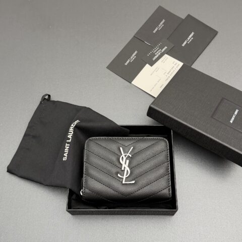 YSL MATELASSE小号粒纹压花皮革拉链钱包 编号:403723   黑色球纹/银扣