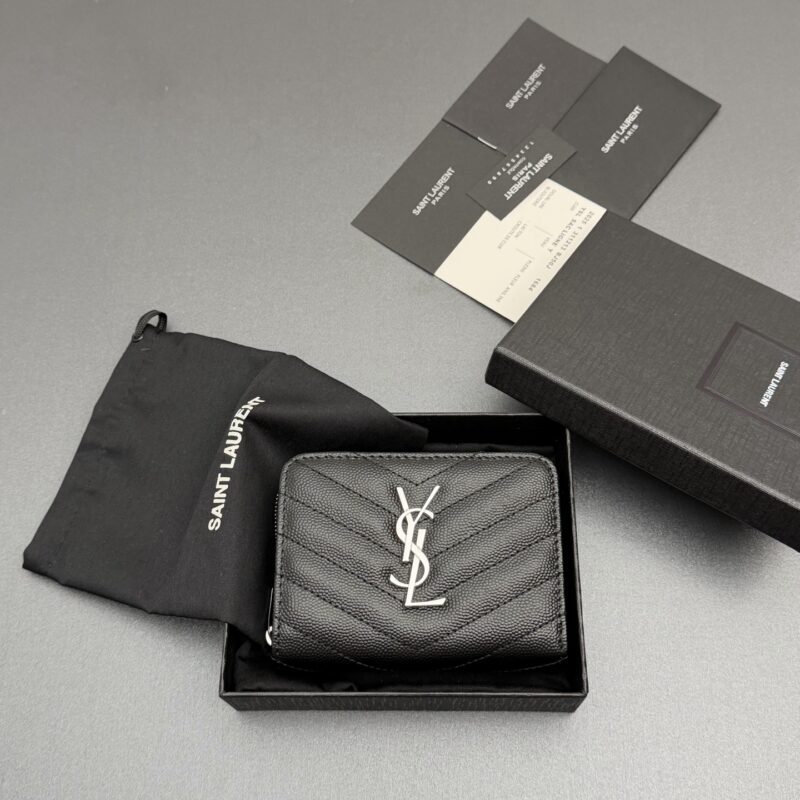 YSL MATELASSE小号粒纹压花皮革拉链钱包 编号:403723 黑色球纹/银扣