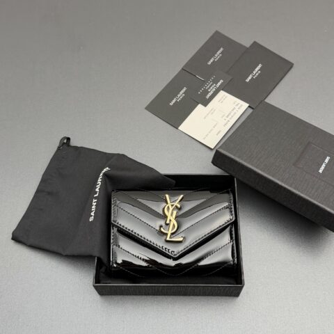 YSL MATELASSE短款亮皮革信封錢包 编号:414404   黑色漆皮/金扣