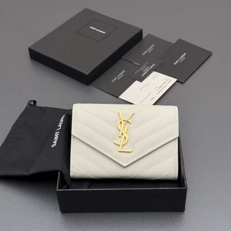 YSL MATELASSE短款粒面壓印皮革信封錢包 编号:414404 白色球纹/金扣