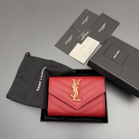 YSL MATELASSE短款粒面壓印皮革信封錢包 编号:414404   红色球纹/金扣