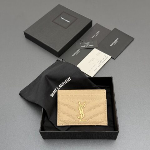 YSL MATELASSE粒面压花真皮卡包 编号:423291 杏色球纹/金扣