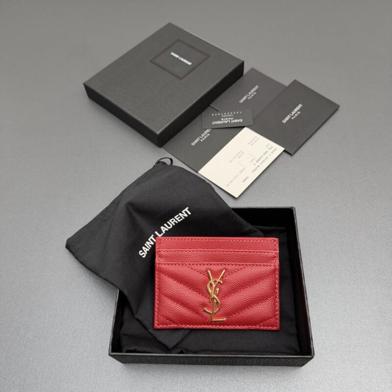 YSL MATELASSE粒面压花真皮卡包 编号:423291 红色球纹/金扣